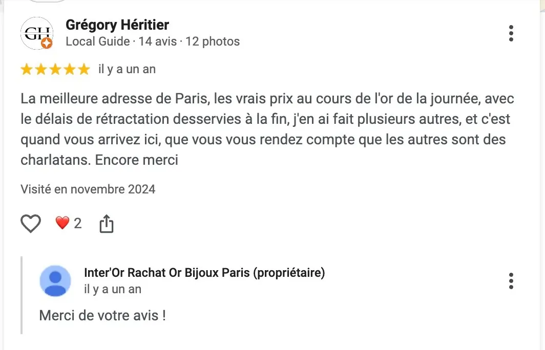 Avis client Inter'Or Paris