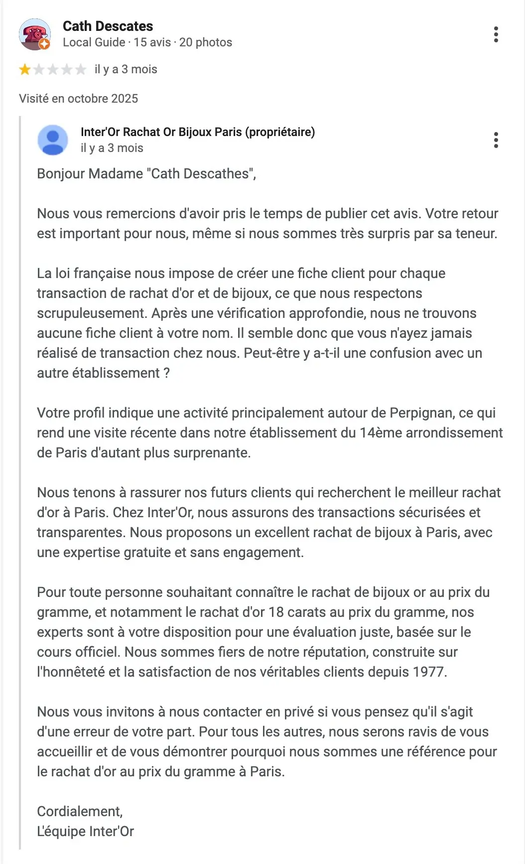 Avis client Inter'Or Paris avec réponse